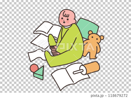 散らかった部屋で遊んでいる赤ちゃん 118679272
