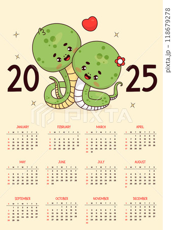 2025 annual calendar. Couple cute snakes with heart. Funny kawaii character. Vector vertical template 12 months in English. Week starts Sunday. 2025 year snake according to eastern calendar 118679278