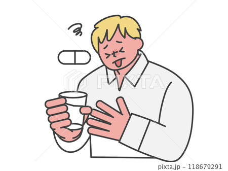 苦い薬を飲んでいる男性 118679291