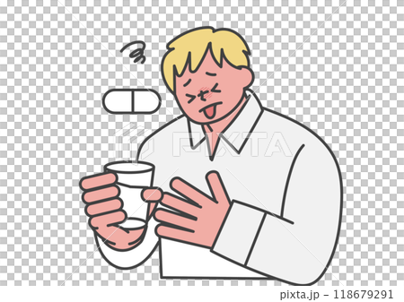 苦い薬を飲んでいる男性 118679291