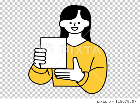 A female office worker showing a document and explaining it to us A female office worker showing a document and explaining it to us 118679307