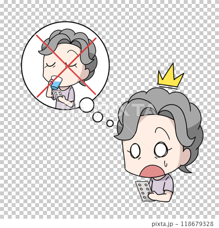 Illustration of an elderly woman who forgot to take her medicine 118679328