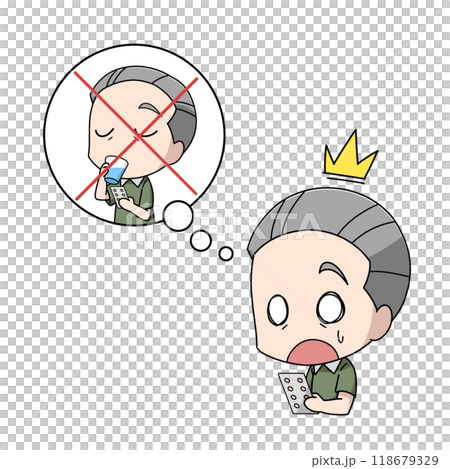 Illustration of an elderly man who forgot to take his medicine Illustration of an elderly man who forgot to take his medicine 118679329