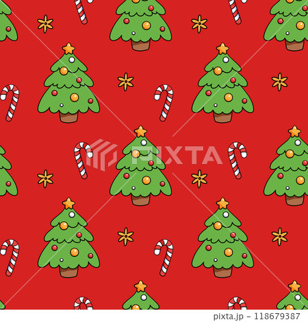 Seamless pattern of elements. Christmas tree, stars, candy cane. Merry Christmas and Happy New Year. Repeat print for fabric, wrapping paper, textiles Seamless pattern of elements. Christmas tree, stars, candy cane. Merry Christmas and Happy New Year. Repeat print for fabric, wrapping paper, textiles 118679387