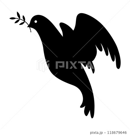 Dove silhouette icon. Black shape of pigeon. Vector flying dove with olive branch on white background 118679646