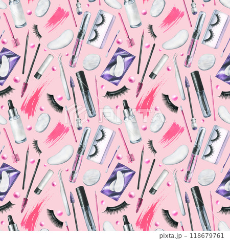 Decorative and personal care cosmetics in black and pink, jars, brushes, smears. Hand drawn watercolor illustration. Seamless pattern on a pink background for the beauty industry, design. Decorative and personal care cosmetics in black and pink, jars, brushes, smears. Hand drawn watercolor illustration. Seamless pattern on a pink background for the beauty industry, design. 118679761