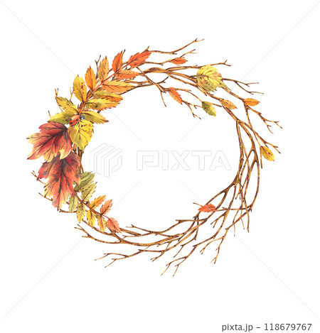 Autumn rowan leaves, maple, birch, tree branches and ladybugs. Watercolor illustrations. Round frame wreath isolated from background Autumn rowan leaves, maple, birch, tree branches and ladybugs. Watercolor illustrations. Round frame wreath isolated from background 118679767