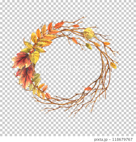 Autumn rowan leaves, maple, birch, tree branches and ladybugs. Watercolor illustrations. Round frame wreath isolated from background Autumn rowan leaves, maple, birch, tree branches and ladybugs. Watercolor illustrations. Round frame wreath isolated from background 118679767