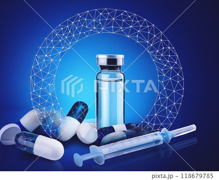 Pils and syringe on blue background 118679785