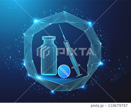 Pils and syringe on blue background 118679787
