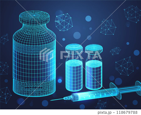 Pils and syringe on blue background 118679788