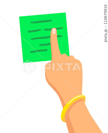Hand and sticker. Sticky note. Realistic reminder on adhesive tapes. Writing memos on sheet of paper. Vector colorful illustration of notepaper page Hand and sticker. Sticky note. Realistic reminder on adhesive tapes. Writing memos on sheet of paper. Vector colorful illustration of notepaper page 118679910