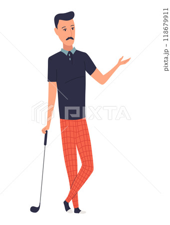 Golf player, male golfer on golf course. Thinking aiming to do good shot. Leisure sport, game on lawn on summer holiday. Flat vector illustration isolated on white background 118679911