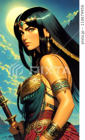 The image portrays a young Berber woman, likely from Morocco or a neighboring region, standing on a bright sun 118679956