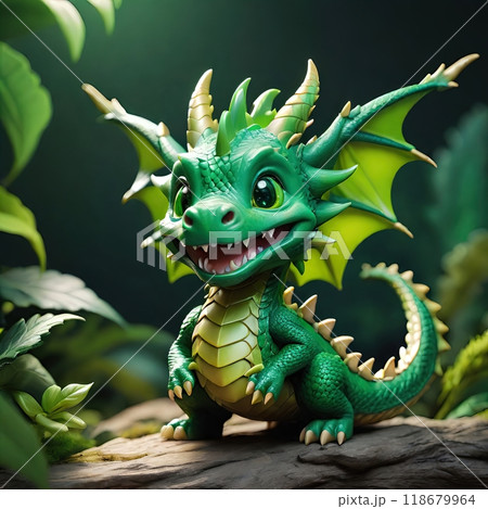 The image of a cute and friendly green dragon in a natural setting. The Gentle Guardian: A Friendly Dragon's Tale 118679964