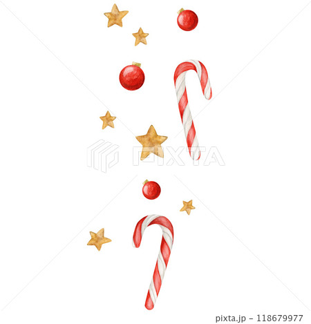 Watercolor seamless pattern with Christmas candies, stars, Christmas tree balls on a white background 118679977