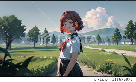 草原に立つ赤髪の女子高生 118679979