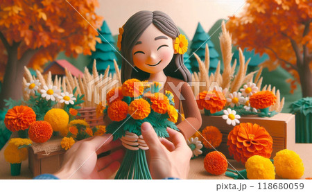 A young girl holding a bouquet gift of marigolds and cosmos that brings cheerfulness, warmth, creativity, passion and harmony in claymation art  118680059
