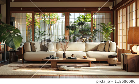 Minimalist Japandi Living Room with Clean Lines and Warmth 118680090