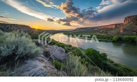 Sunset Glow Over Serene Mountain Landscape 118680092