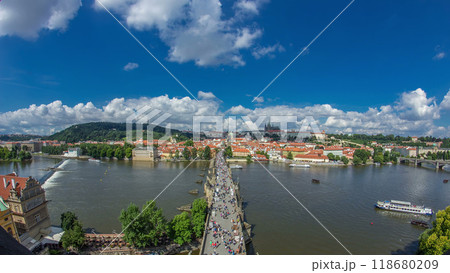 Charles Bridge and Prague Castle timelapse, view from the Bridge tower, Czech Republic 118680209