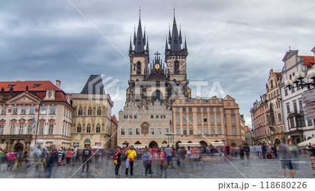 Old town square in Prague timelapse hyperlapse, Tyn Cathedral of the Virgin Mary and monument of Jan Hus. Old town square in Prague timelapse hyperlapse, Tyn Cathedral of the Virgin Mary and monument of Jan Hus. 118680226