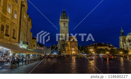 Prague Old Town Hall at Night timelapse hyperlapse with unrecognizable tourists walking 118680227
