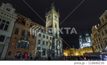Night time illuminations of the the Old Town Hall timelapse hyperlapse, Town Square and fairy tale Church of our Lady Tyn Night time illuminations of the the Old Town Hall timelapse hyperlapse, Town Square and fairy tale Church of our Lady Tyn 118680230
