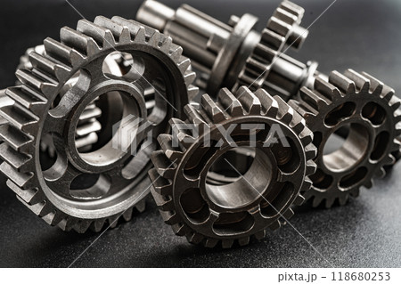 Gear and cogs wheels, clock mechanism, brass metal engine industrial. 118680253