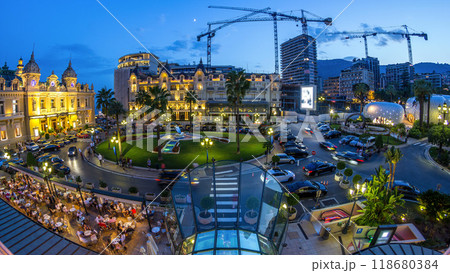 Square with Grand Casino in Monte Carlo day to night timelapse, Monaco. historical building 118680384