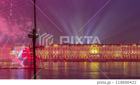 Fireworks timelapse over the city of St. Petersburg Russia on the feast of Scarlet Sails, view from rooftop. Fireworks timelapse over the city of St. Petersburg Russia on the feast of Scarlet Sails, view from rooftop. 118680422