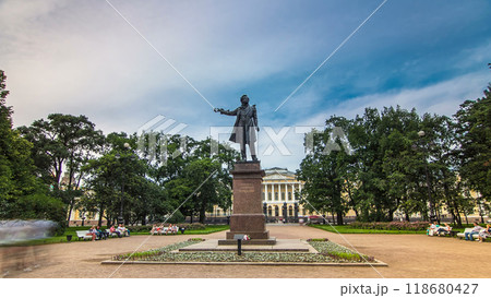 Monument to Alexander Pushkin timelapse hyperlapse on Ploshchad Iskusstv Arts Square in St.-Petersburg, Russia 118680427