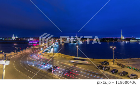 Malaya Neva river. Birzhevoy Exchange Bridge and traffic at night timelapse. St.-Petersburg, Russia 118680436