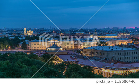 Building of Kunstkamera and the cityscape night to day timelapse viewed from the colonnade of St. Isaac's cathedral. 118680440