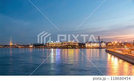 Nakhimov Naval School and the Peter and Paul Fortress day to night timelapse. St. Petersburg 118680454