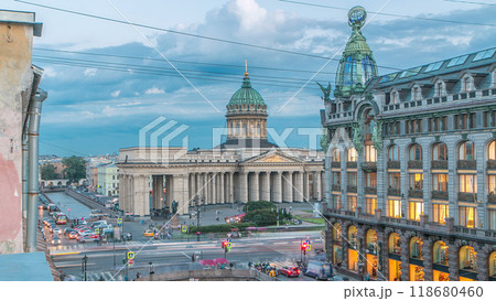 Top view of Kazan Cathedral and Singer house on the embankment of Griboyedov Canal timelapse. Saint Petersburg, Russia 118680460