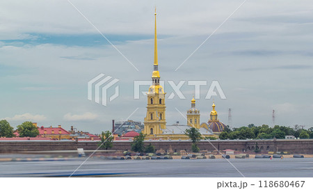 Peter and Paul Fortress across the Neva river timelapse hyperlapse, St. Petersburg, Russia 118680467