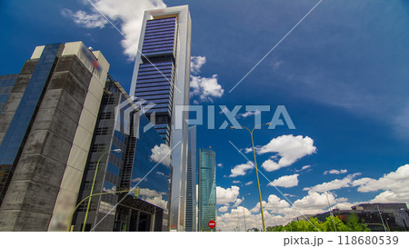 Skyscrapers timelapse hyperlapse in the Four Towers Business Area with the tallest skyscrapers in Madrid and Spain 118680539