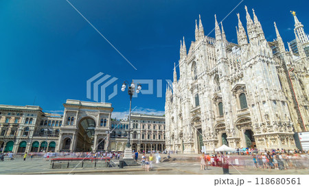 Cathedral Duomo di Milano and Vittorio Emanuele gallery timelapse hyperlapse in Square Piazza Duomo, Milan, Italy. 118680561