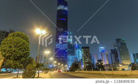 Tallest building in Kuwait City timelapse hyperlapse - the Al Hamra Tower at dusk. Kuwait City, Middle East 118680630