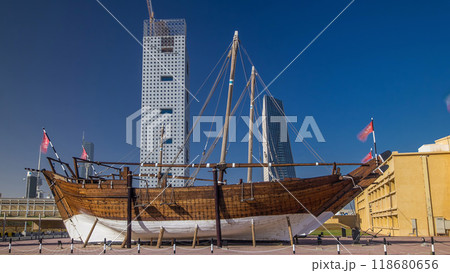 Historic dhow ships timelapse hyperlapse at the Maritime Museum of in Kuwait. Kuwait, Middle East 118680656