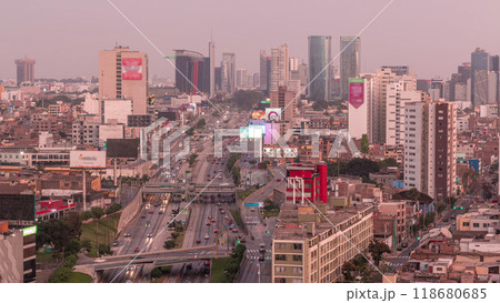 Aerial view of Via Expresa highway and metropolitan bus with traffic day to night timelapse. Lima, Peru 118680685