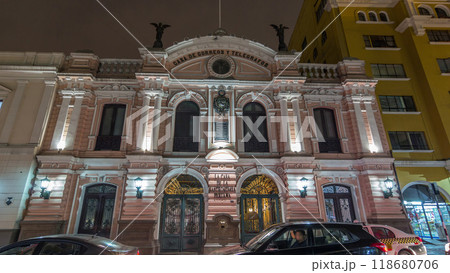 Central Post Office Building illuminated at night timelapse hyperlapse, Lima, Peru 118680706