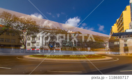 Streets of Funchal town on Madeira and fountain with globe timelapse hyperlapse 118680717