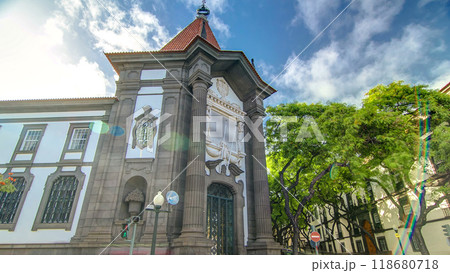 Banco de Portugal on the Avenida Arriaga timelapse hyperlapse in Funchal, Madeira, Portugal. 118680718
