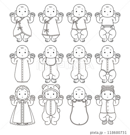 ベビー服を着た赤ちゃんのイラスト（白黒） 118680731