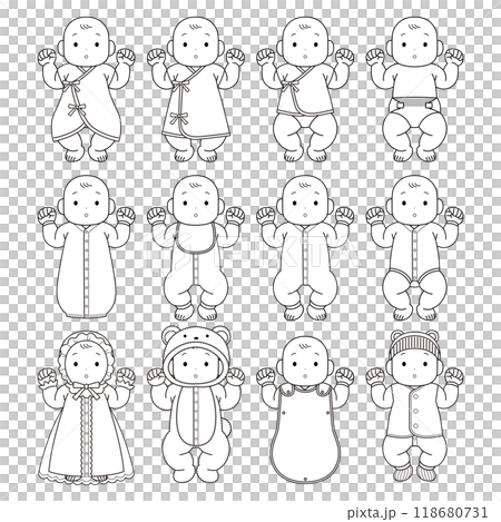 ベビー服を着た赤ちゃんのイラスト（白黒） 118680731