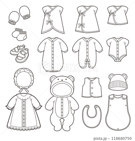 ベビー服のイラストセット（白黒） 118680750