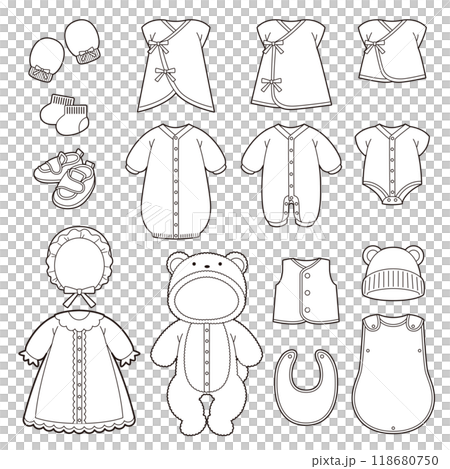 ベビー服のイラストセット（白黒） 118680750