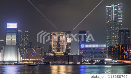 Hong Kong Cultural Centre with colorful light projection on its wall timelapse hyperlapse. 118680765